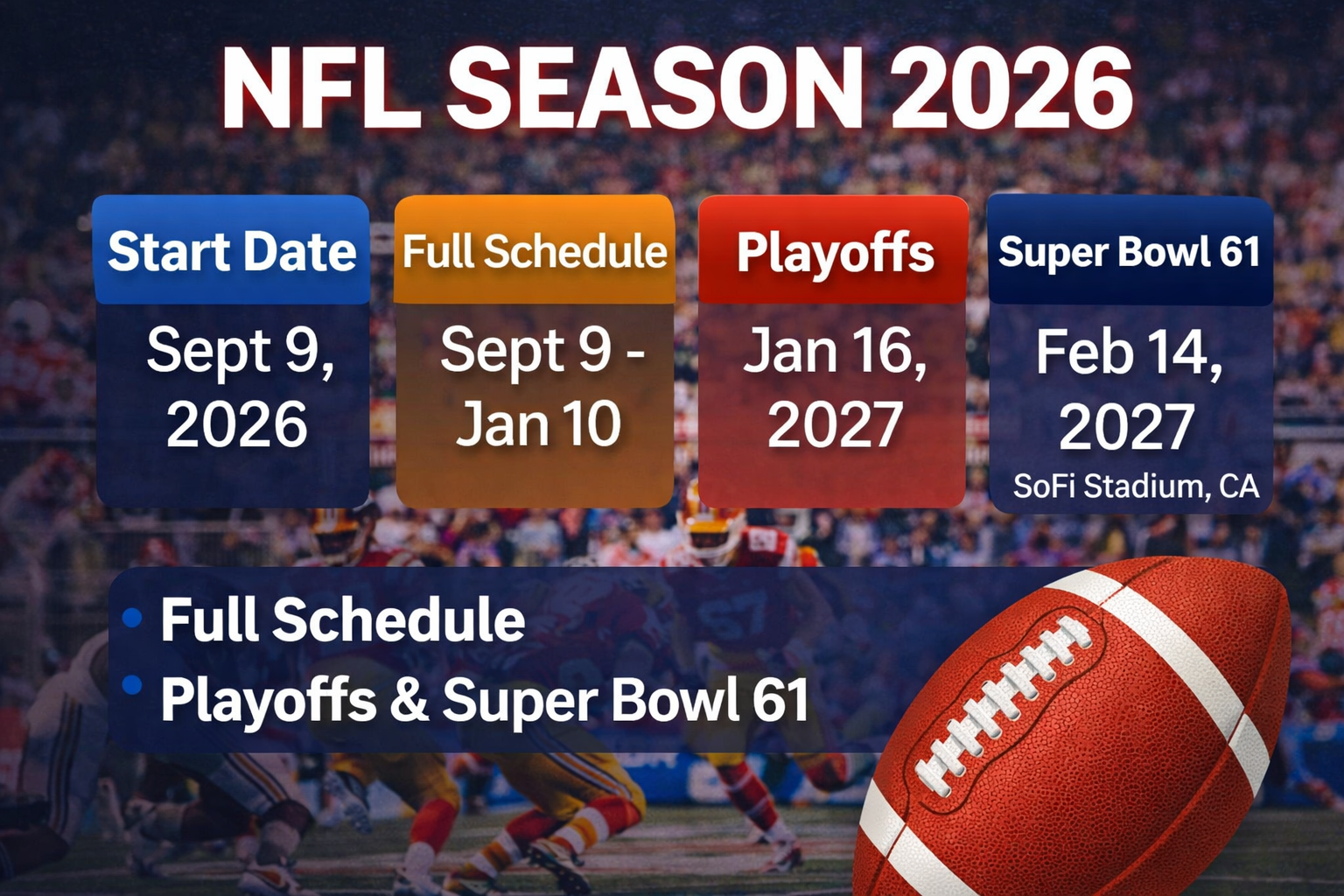 NFL Season 2026 schedule start date playoffs and Super Bowl 61 details with teams and timeline