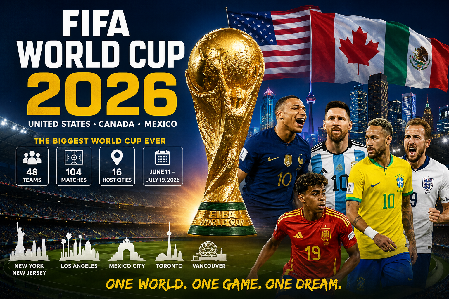 FIFA World Cup 2026 trophy with football players representing the biggest international football tournament hosted by the USA, Canada, and Mexico.