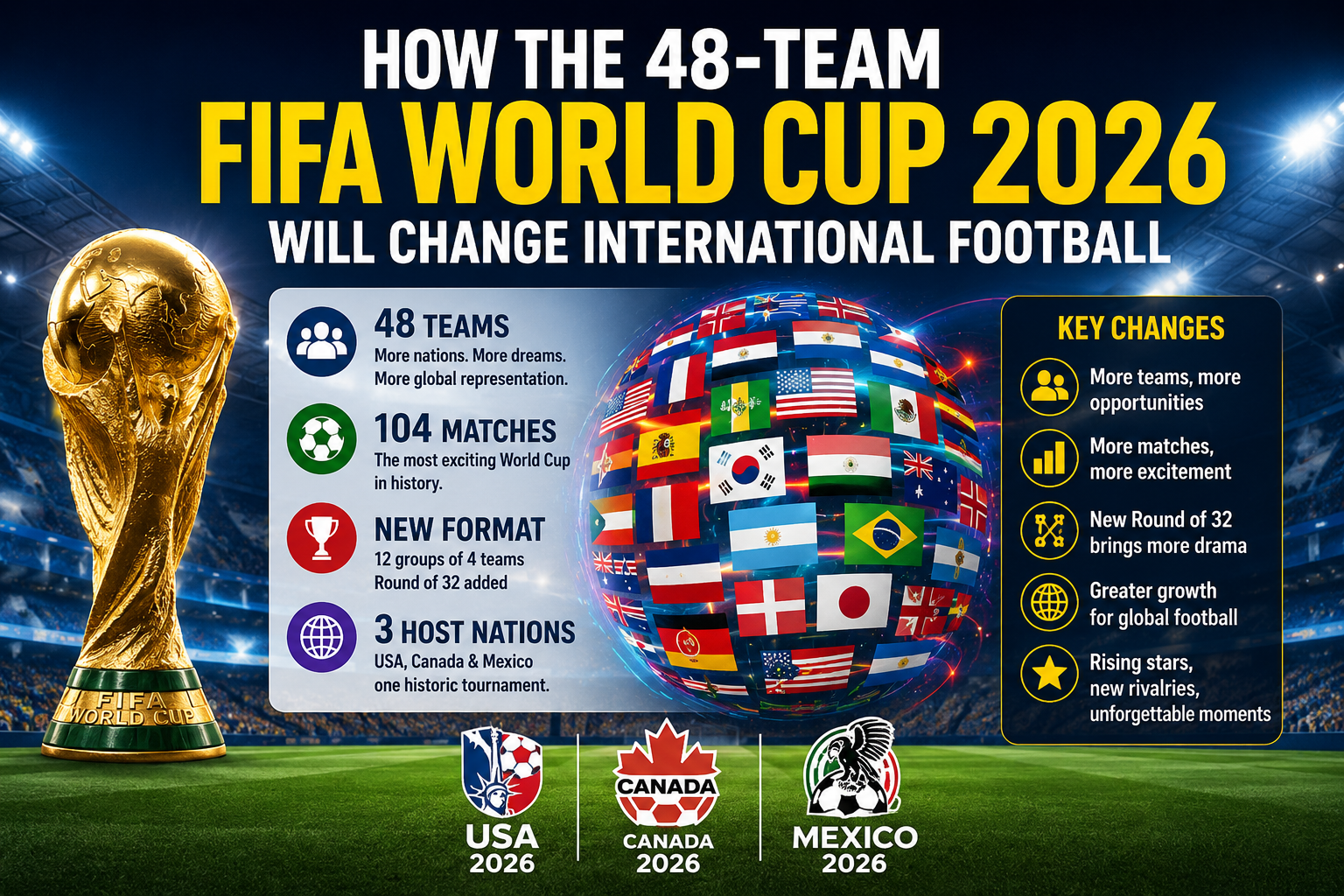 48-Team FIFA World Cup 2026 infographic highlighting the new tournament format, 48 teams, 104 matches, and host nations USA, Canada, and Mexico.