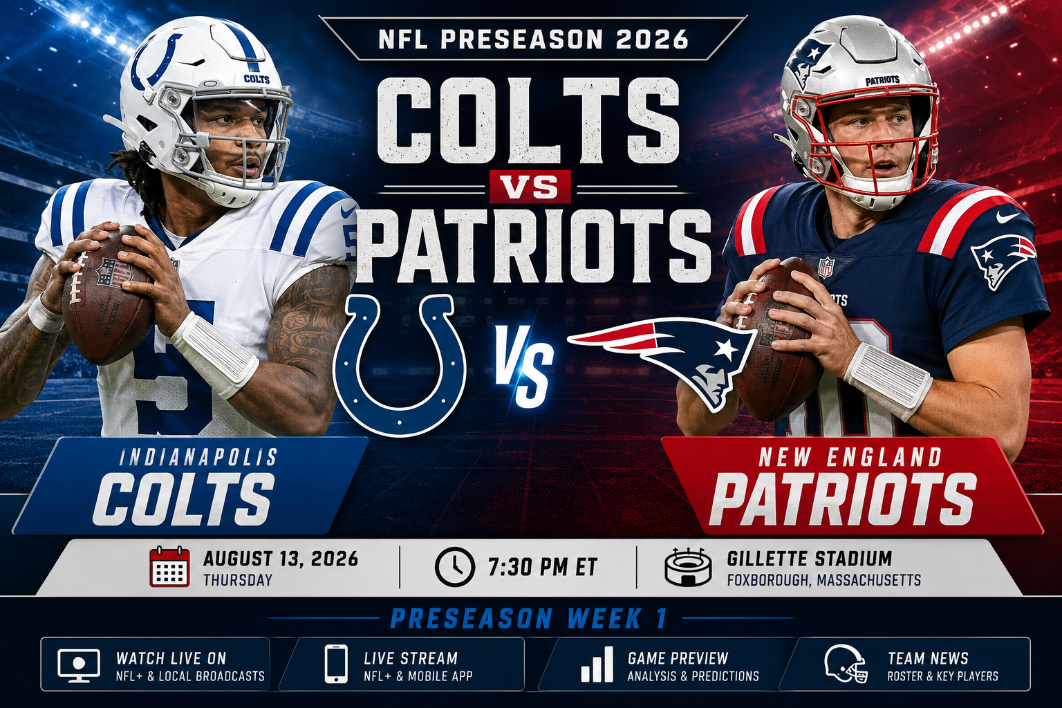 Colts vs Patriots 2026 preseason game featuring the Indianapolis Colts and New England Patriots at Gillette Stadium